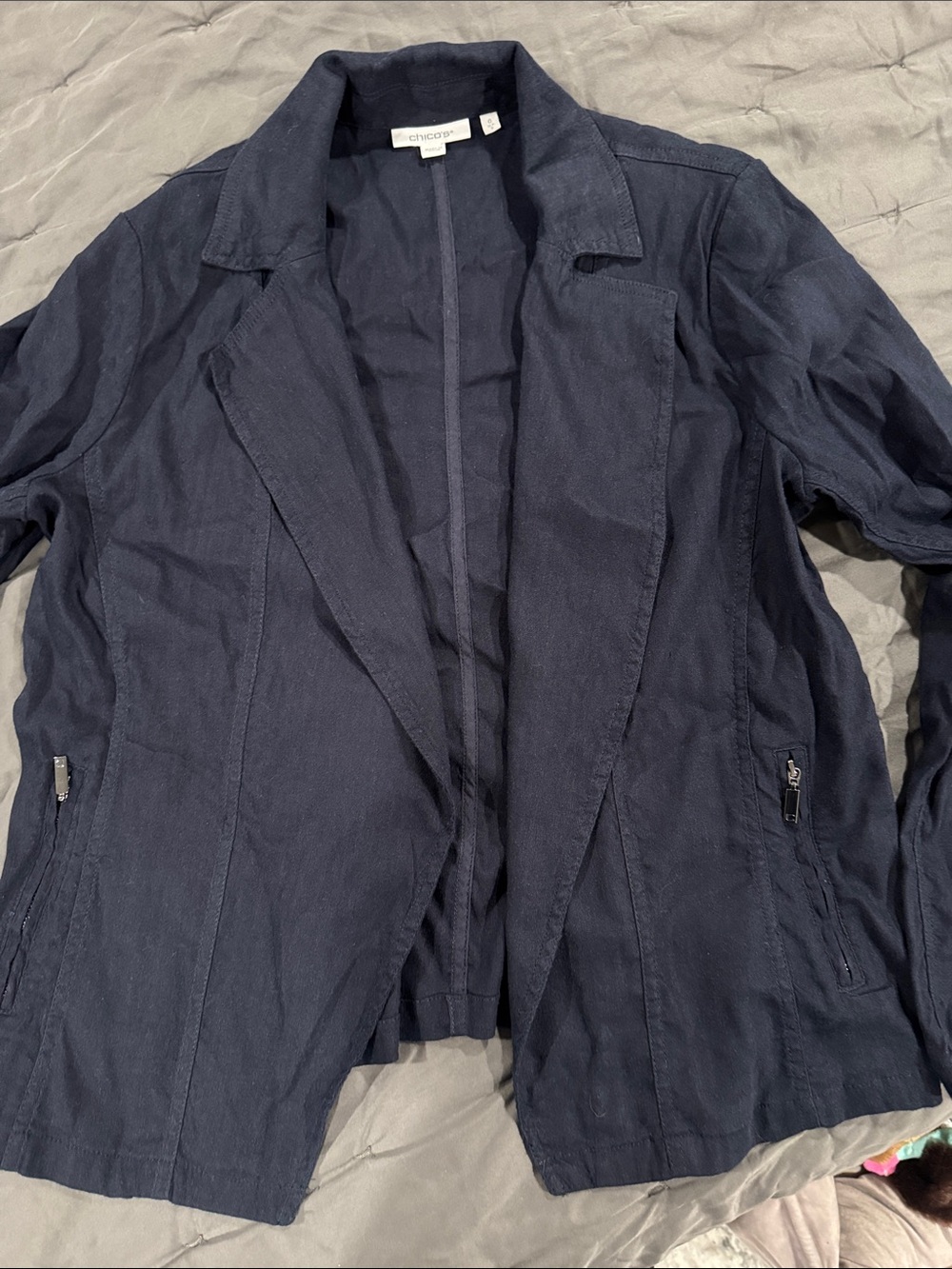 Chicos Dark Navy Linen-Blend Open Blazer 0